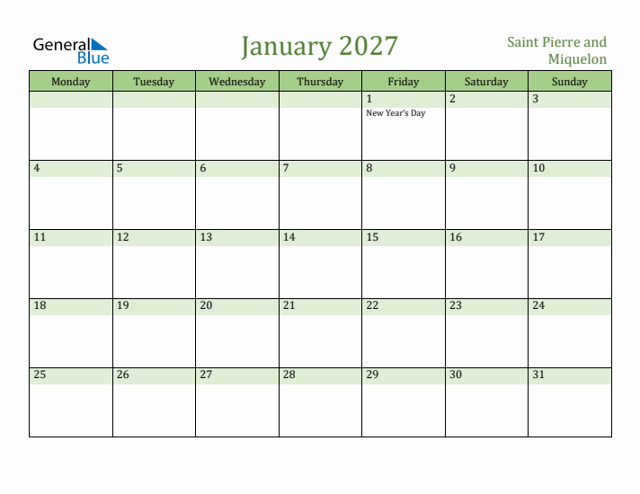 January 2027 Calendar with Saint Pierre and Miquelon Holidays