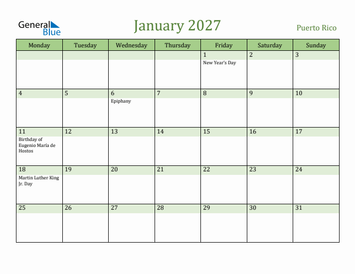 January 2027 Calendar with Puerto Rico Holidays