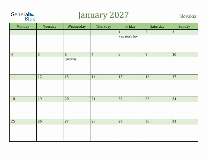 January 2027 Calendar with Slovakia Holidays