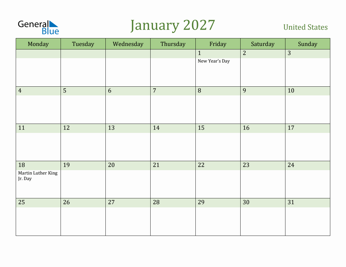 Fillable Holiday Calendar for United States - January 2027 (Monday Start)