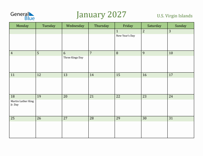 January 2027 Calendar with U.S. Virgin Islands Holidays