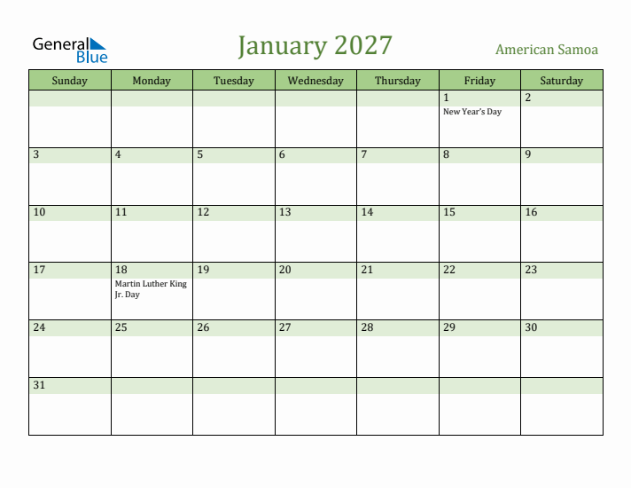 January 2027 Calendar with American Samoa Holidays
