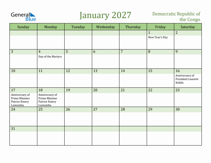January 2027 Calendar with Democratic Republic of the Congo Holidays