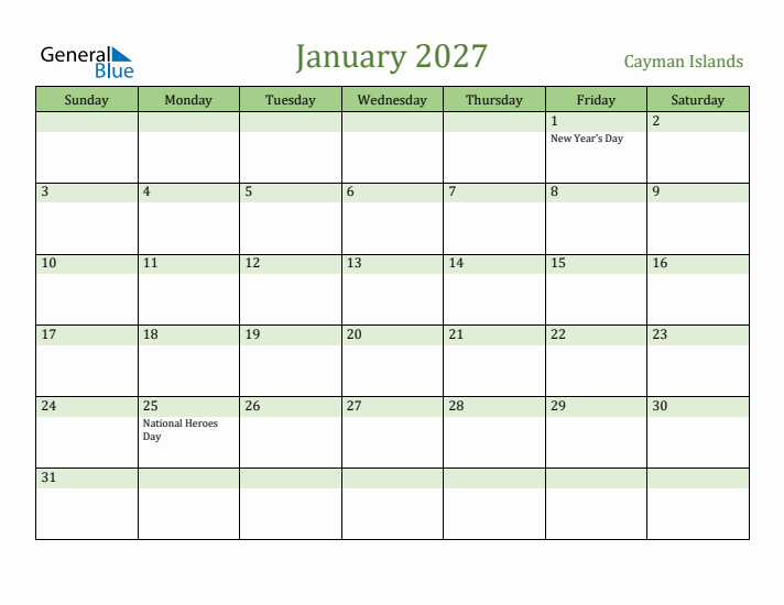 January 2027 Calendar with Cayman Islands Holidays