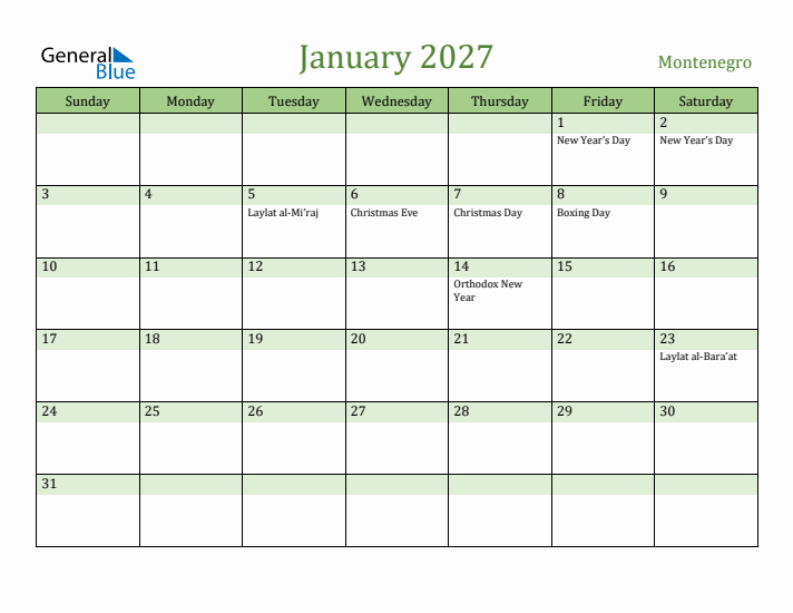 January 2027 Calendar with Montenegro Holidays