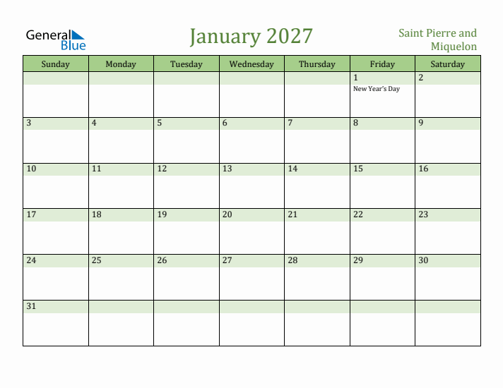 January 2027 Calendar with Saint Pierre and Miquelon Holidays