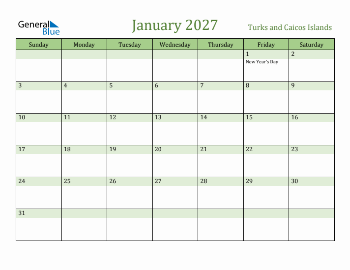 January 2027 Calendar with Turks and Caicos Islands Holidays