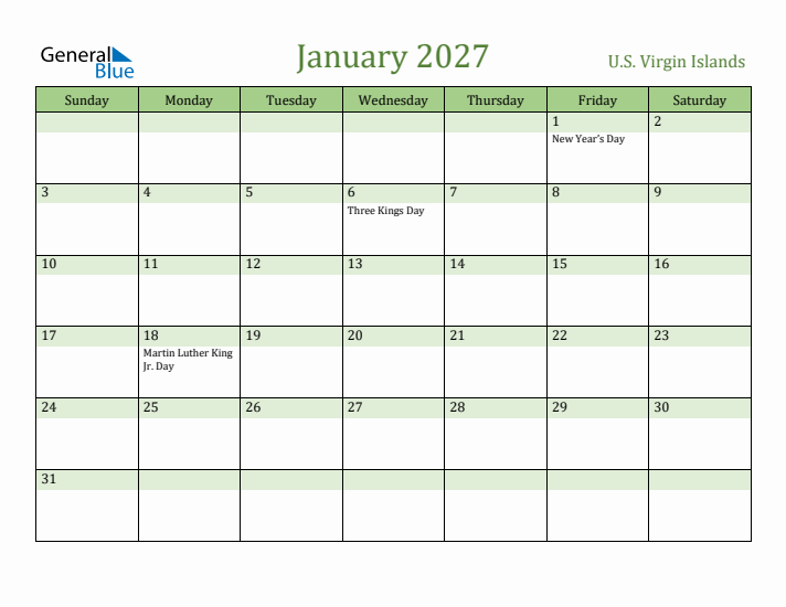 January 2027 Calendar with U.S. Virgin Islands Holidays