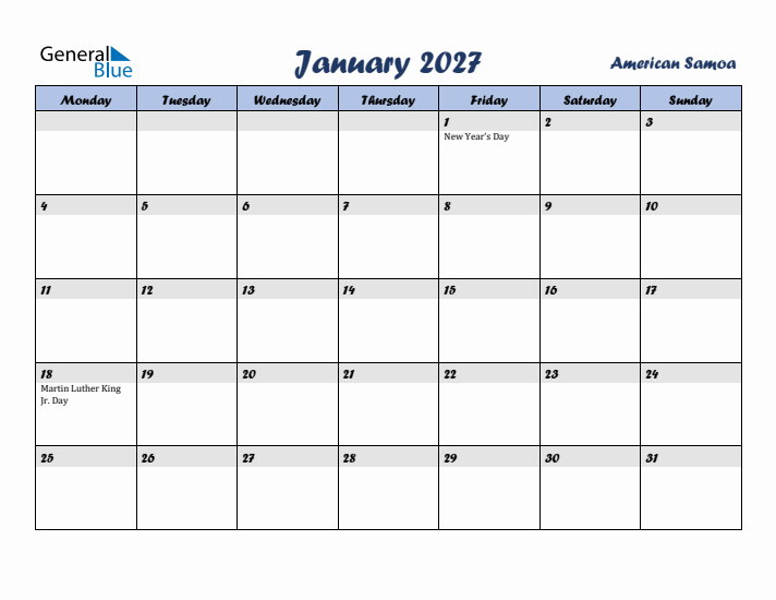 January 2027 Calendar with Holidays in American Samoa