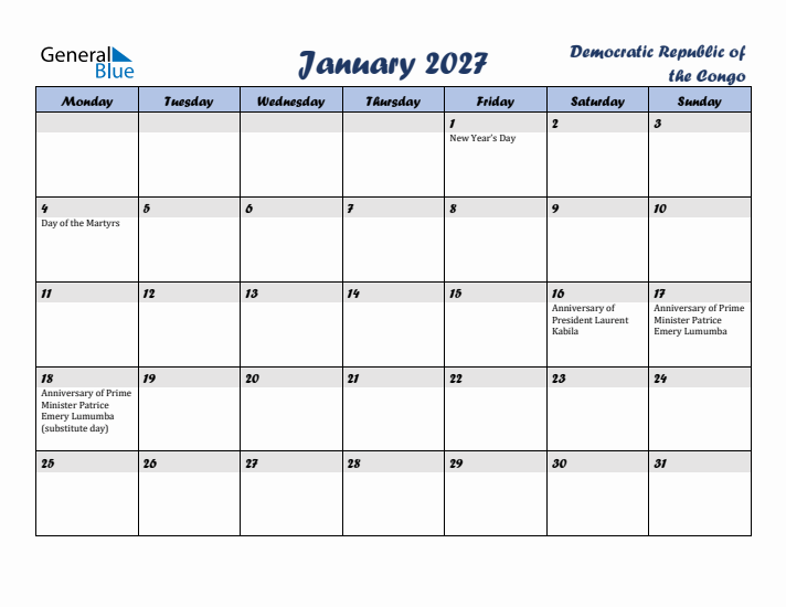 January 2027 Calendar with Holidays in Democratic Republic of the Congo