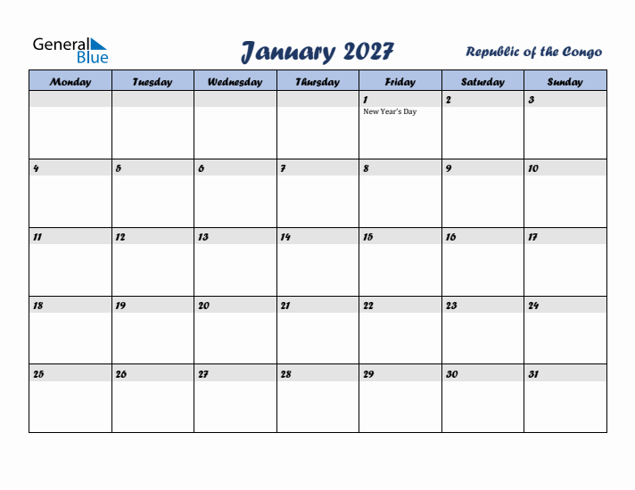 January 2027 Calendar with Holidays in Republic of the Congo