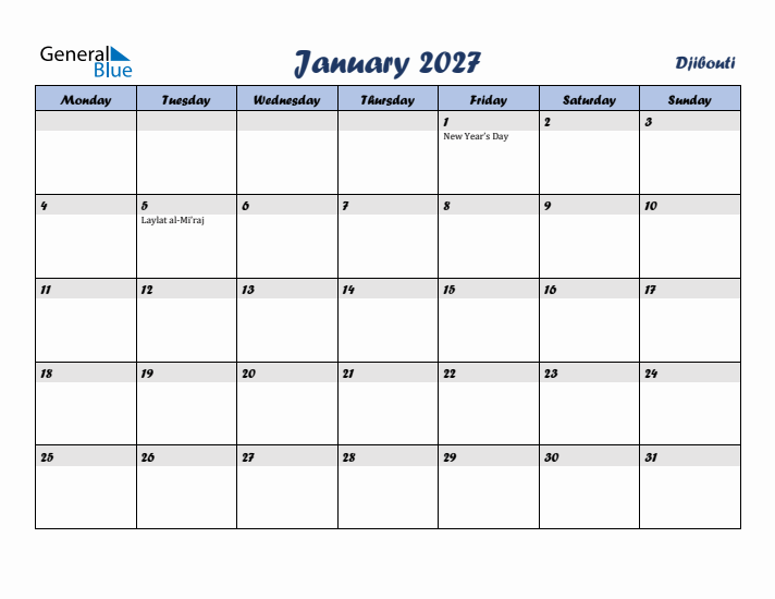 January 2027 Calendar with Holidays in Djibouti
