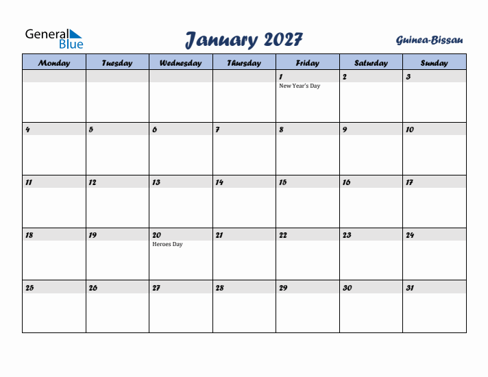 January 2027 Calendar with Holidays in Guinea-Bissau