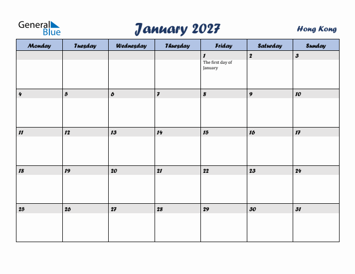 January 2027 Calendar with Holidays in Hong Kong