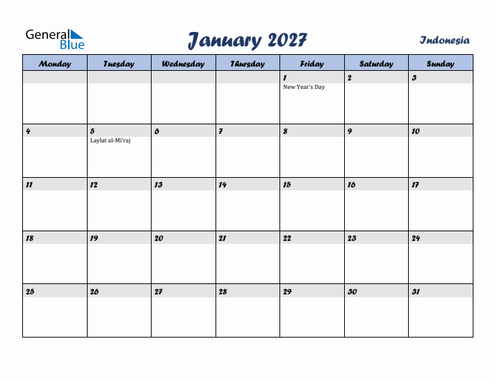 January 2027 Calendar with Holidays in Indonesia