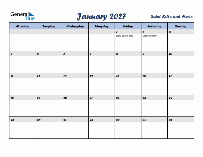 January 2027 Calendar with Holidays in Saint Kitts and Nevis