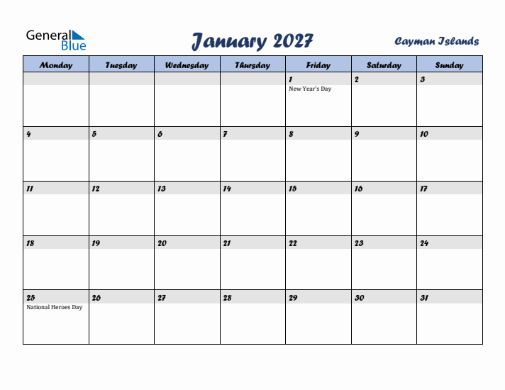 January 2027 Calendar with Holidays in Cayman Islands