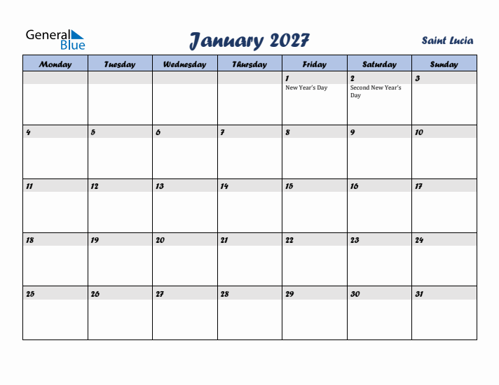 January 2027 Calendar with Holidays in Saint Lucia