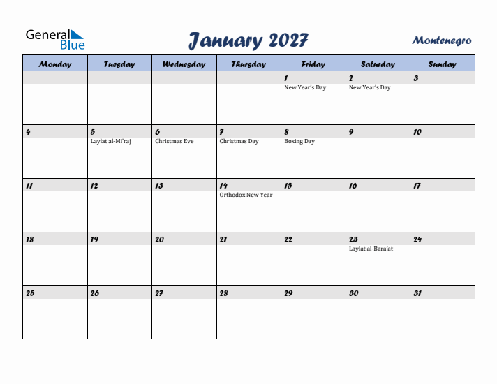 January 2027 Calendar with Holidays in Montenegro