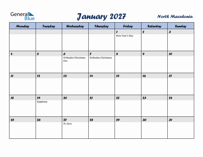 January 2027 Calendar with Holidays in North Macedonia