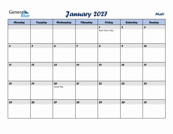 January 2027 Calendar with Holidays in Mali
