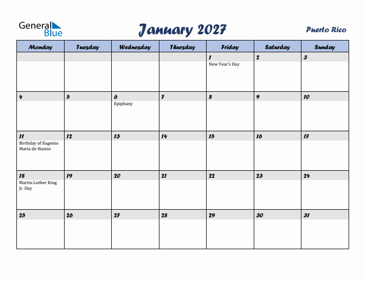 January 2027 Calendar with Holidays in Puerto Rico