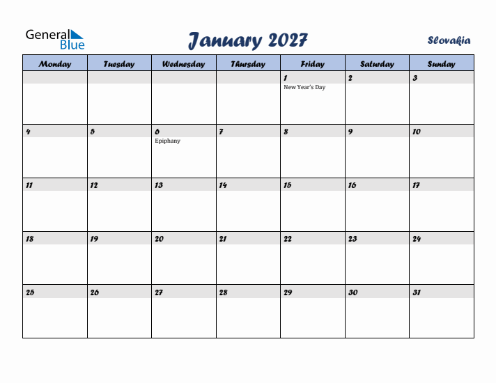 January 2027 Calendar with Holidays in Slovakia