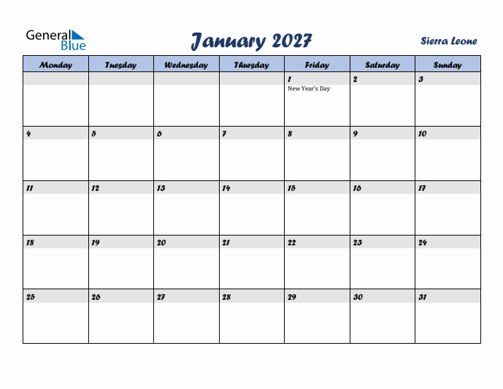 January 2027 Calendar with Holidays in Sierra Leone