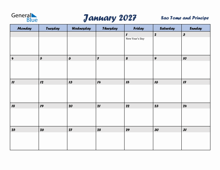 January 2027 Calendar with Holidays in Sao Tome and Principe