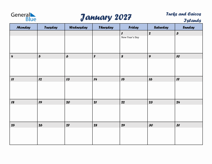 January 2027 Calendar with Holidays in Turks and Caicos Islands