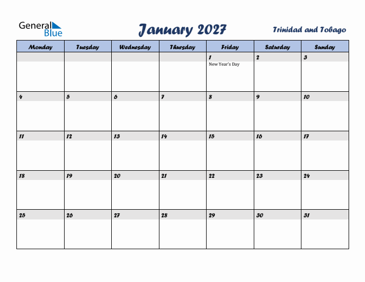 January 2027 Calendar with Holidays in Trinidad and Tobago