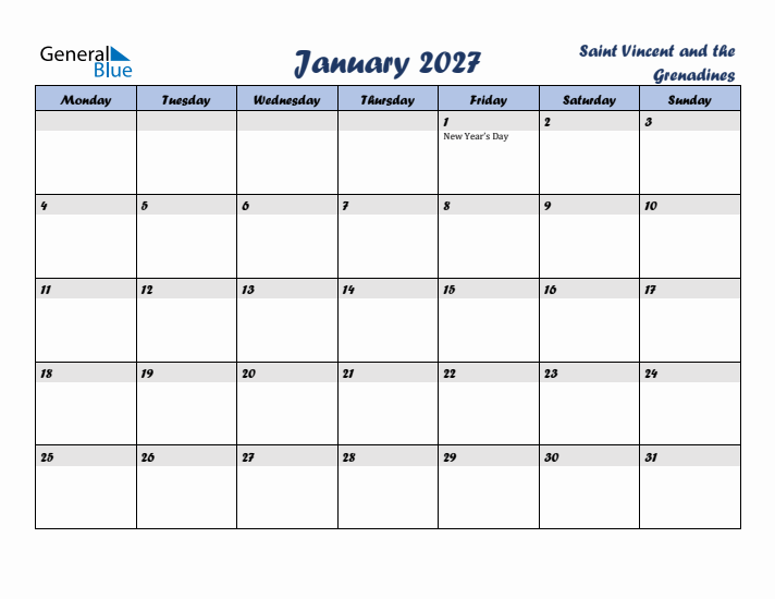 January 2027 Calendar with Holidays in Saint Vincent and the Grenadines