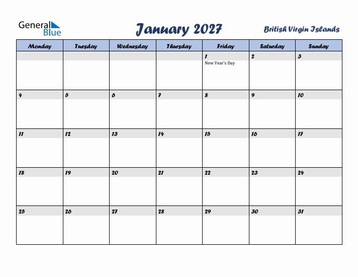 January 2027 Calendar with Holidays in British Virgin Islands