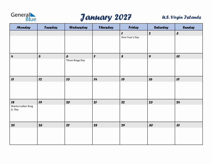 January 2027 Calendar with Holidays in U.S. Virgin Islands