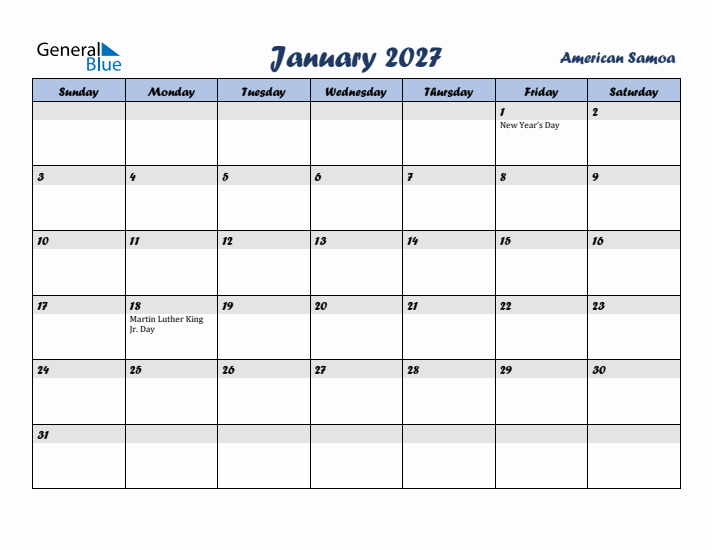 January 2027 Calendar with Holidays in American Samoa