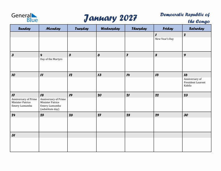 January 2027 Calendar with Holidays in Democratic Republic of the Congo