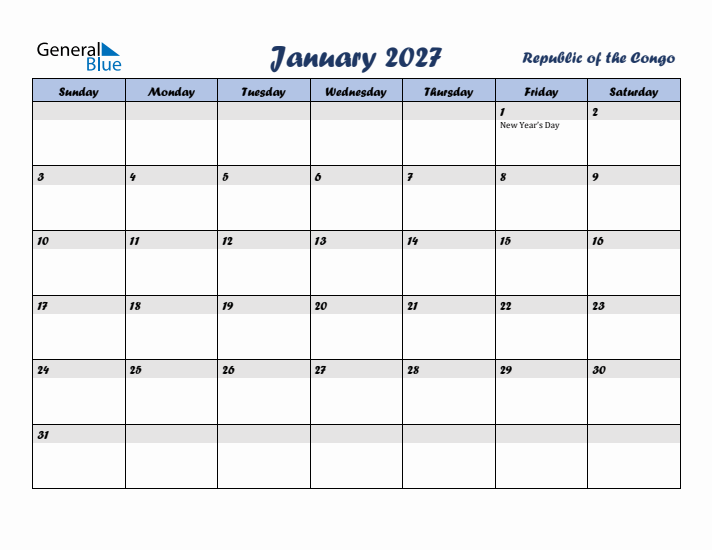 January 2027 Calendar with Holidays in Republic of the Congo