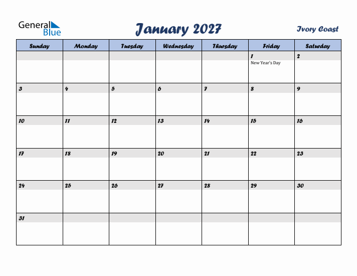 January 2027 Calendar with Holidays in Ivory Coast