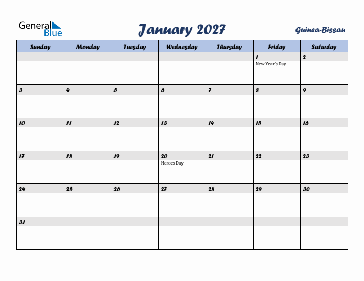 January 2027 Calendar with Holidays in Guinea-Bissau