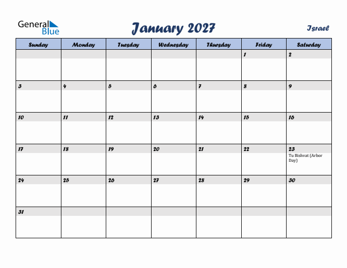 January 2027 Calendar with Holidays in Israel