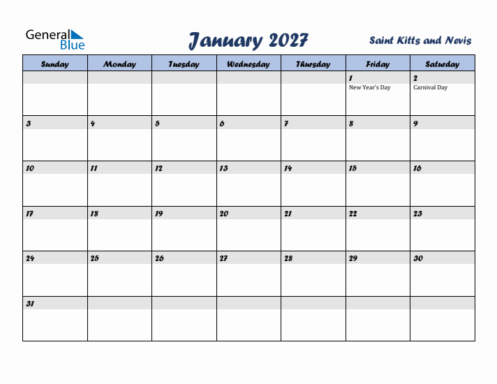 January 2027 Calendar with Holidays in Saint Kitts and Nevis