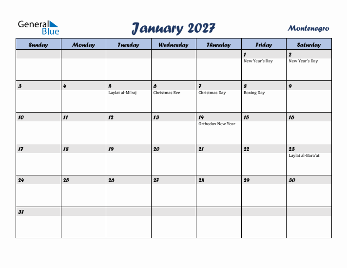 January 2027 Calendar with Holidays in Montenegro