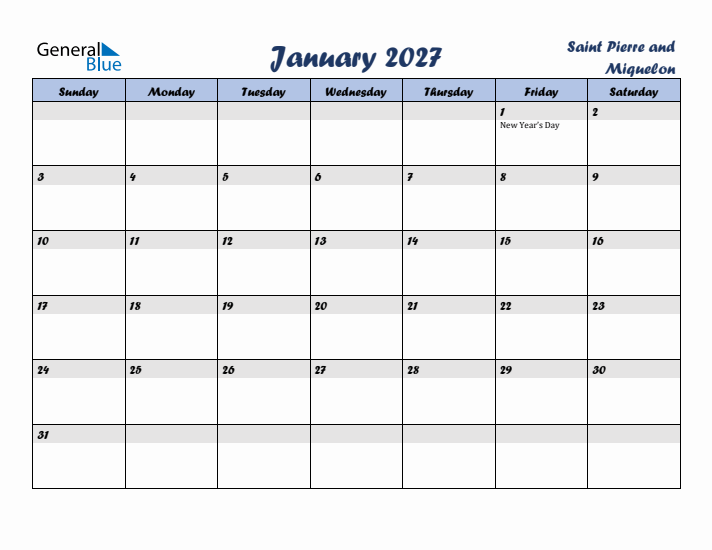 January 2027 Calendar with Holidays in Saint Pierre and Miquelon