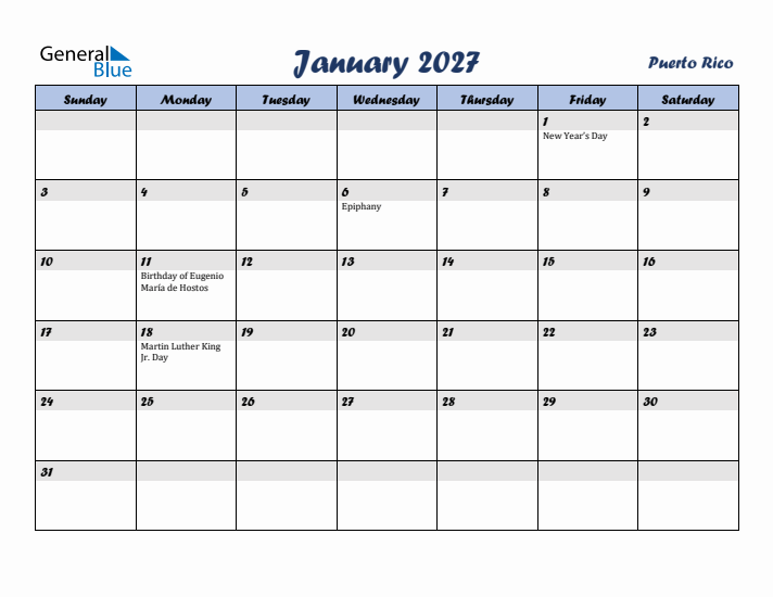 January 2027 Calendar with Holidays in Puerto Rico