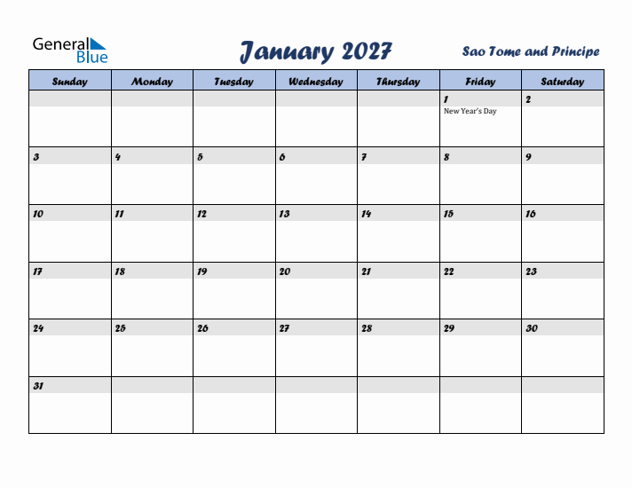 January 2027 Calendar with Holidays in Sao Tome and Principe