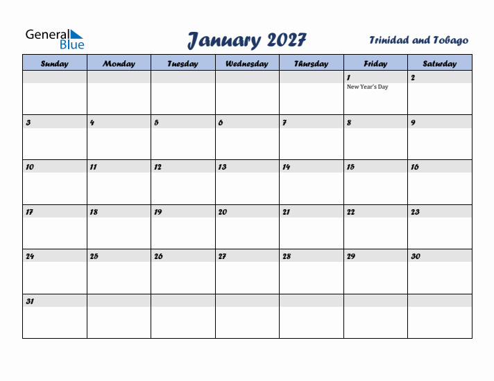 January 2027 Calendar with Holidays in Trinidad and Tobago