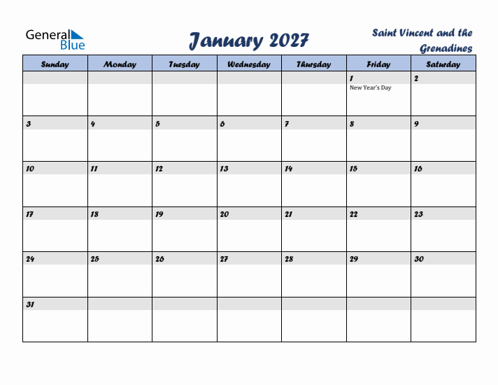 January 2027 Calendar with Holidays in Saint Vincent and the Grenadines