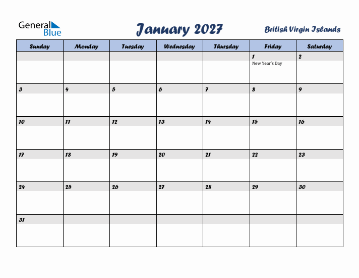 January 2027 Calendar with Holidays in British Virgin Islands