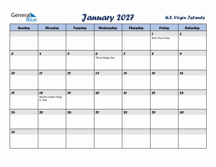 January 2027 Calendar with Holidays in U.S. Virgin Islands