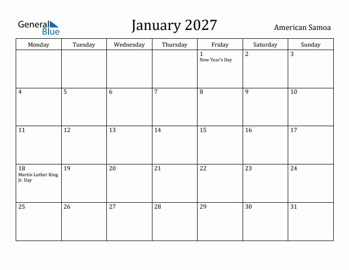 January 2027 Calendar American Samoa